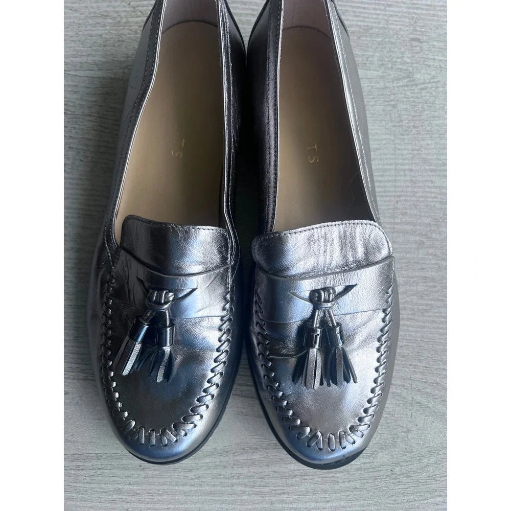 Talbots Metallic Silver Leather Tassel Loafers Womens 7.5 M Whipstitch Flats‎
